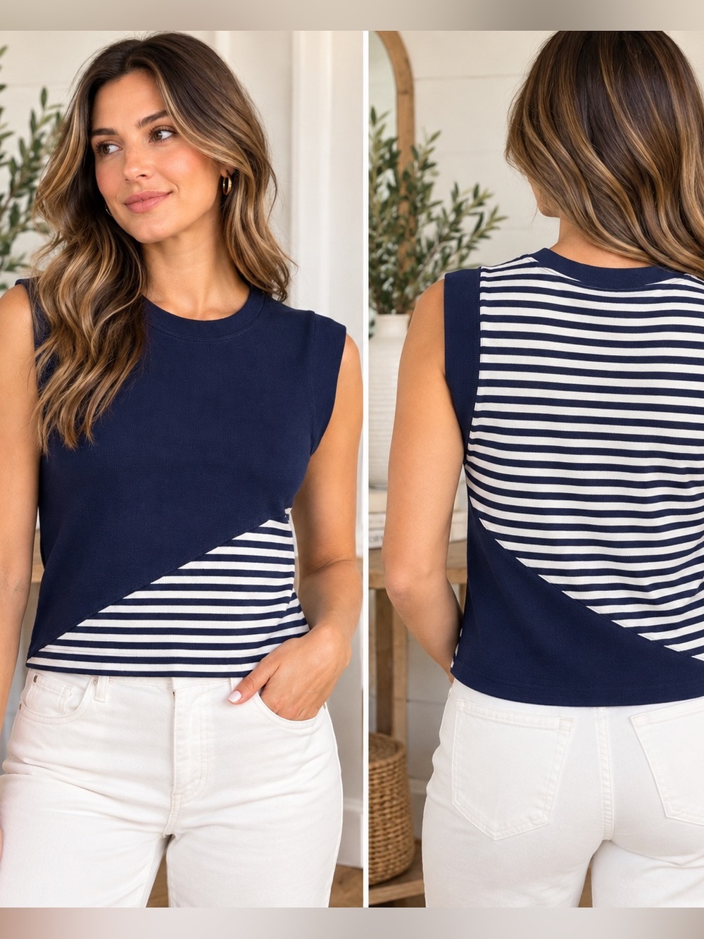 Maeve Anthropologie Navy White Striped Colorblock Sleeveless Top Size M